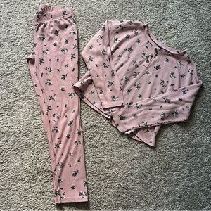 Old Navy Girls 10/12 Floral Pink Cropped Top Long Sleeve Thermal Pajama PJ Set